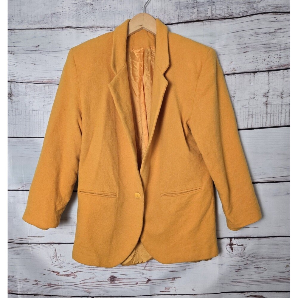 Michele Womens Blazer Size 12 Yellow One Button Lined 100% Wool Vintage Classic